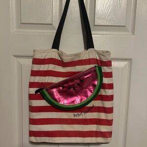 Betsey Johnson Red and Cream Striped Tote with Pink Watermelon